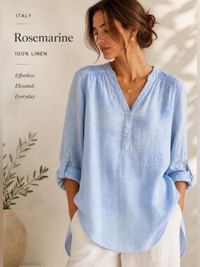 Italian Linen Tunic Blouse Blue | Rosemarine Minimal Coastal Boho | Relaxed Fit
